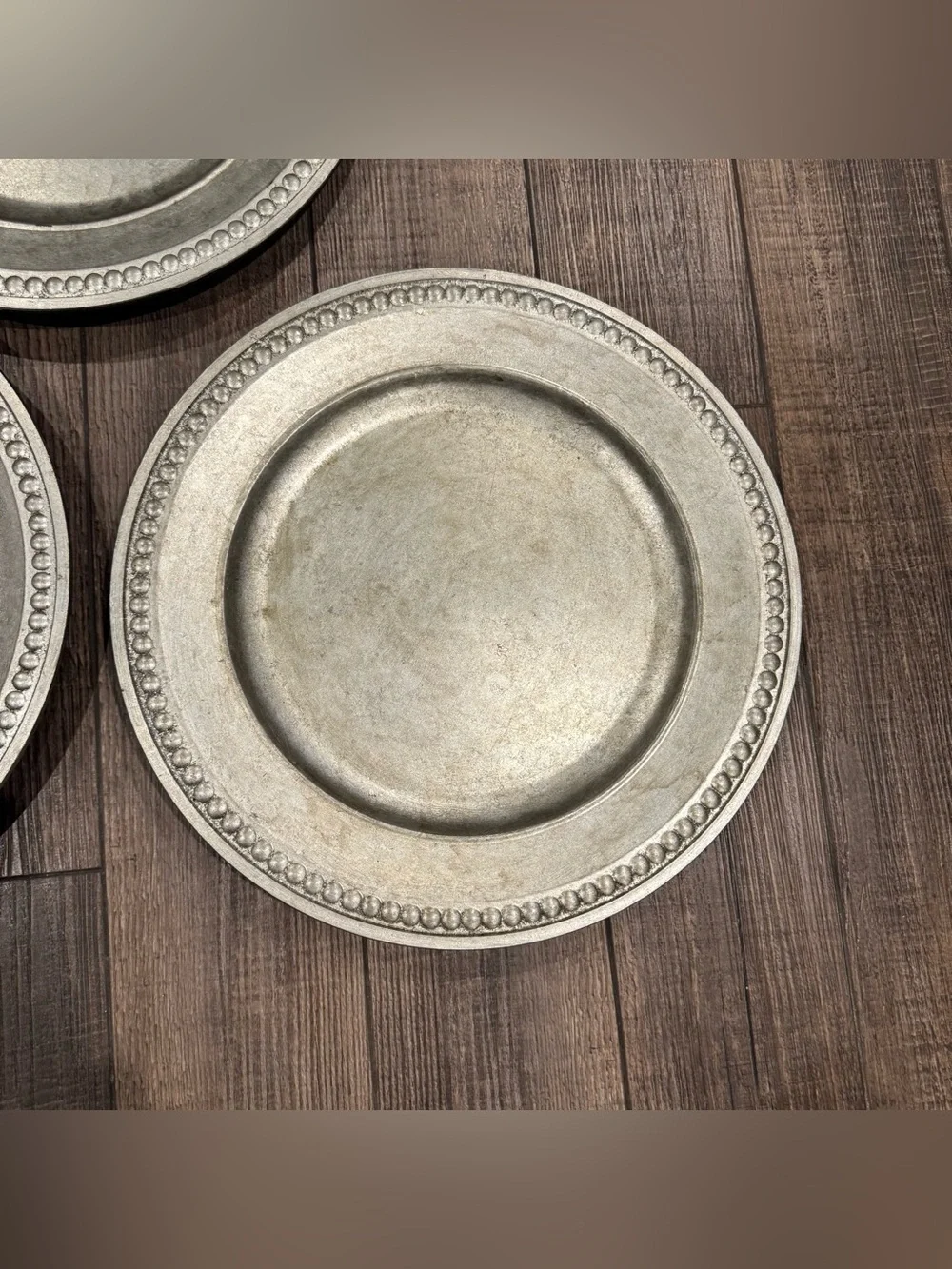 Set of 3 Pottery Barn Beaded Silver Gilt Charger Plates Pewter-Look